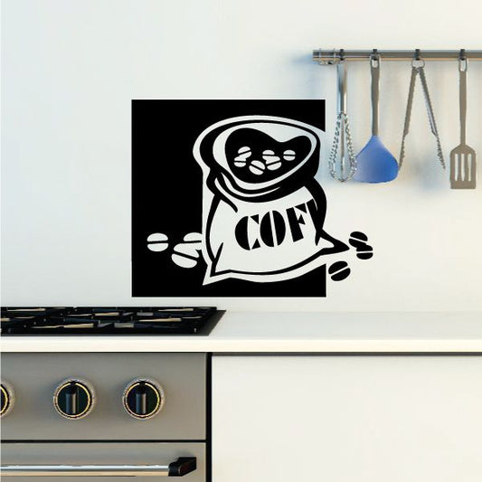 Coffee bean sack decal, black and white coffee sack icon with COF text
