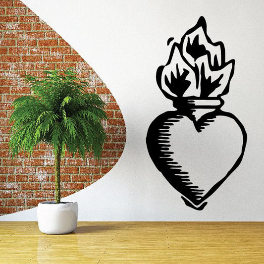 Sacred heart decal with burning flames and cross outline, black