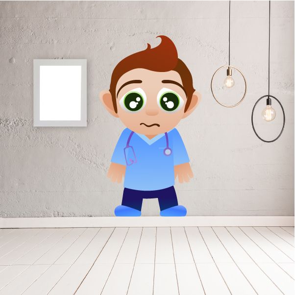 Doctor character sticker: cartoon boy in blue scrubs with green eyes