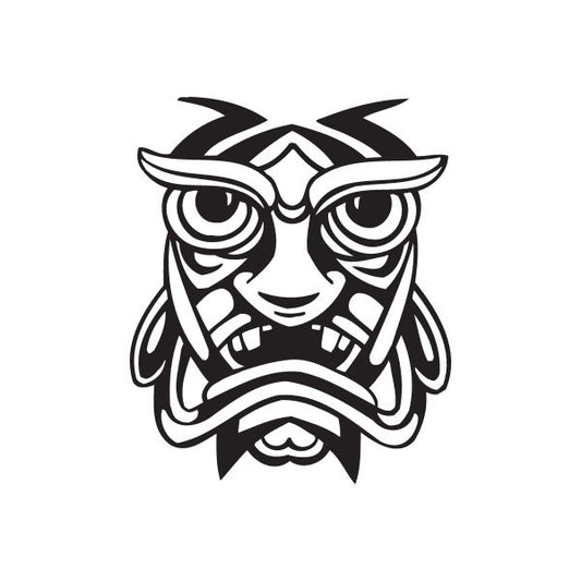 Sad fanged tiki decal with stylized black-and-white face, wide eyes and fangs