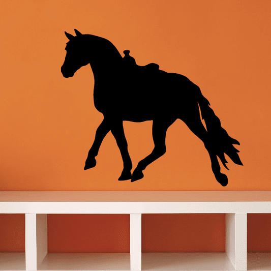 Black horse silhouette wall decal with saddle and climbing stance