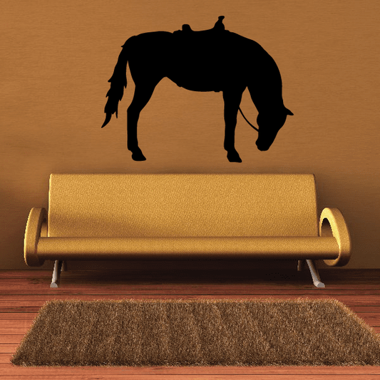Saddled horse drinking decal with black silhouette, shown as wall sticker design