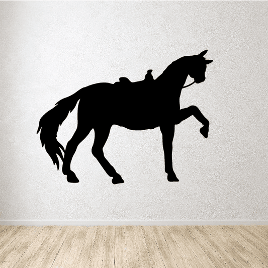 Saddled horse head shake decal with black silhouette