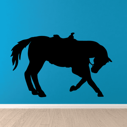Saddled kneeling horse decal, black horse silhouette