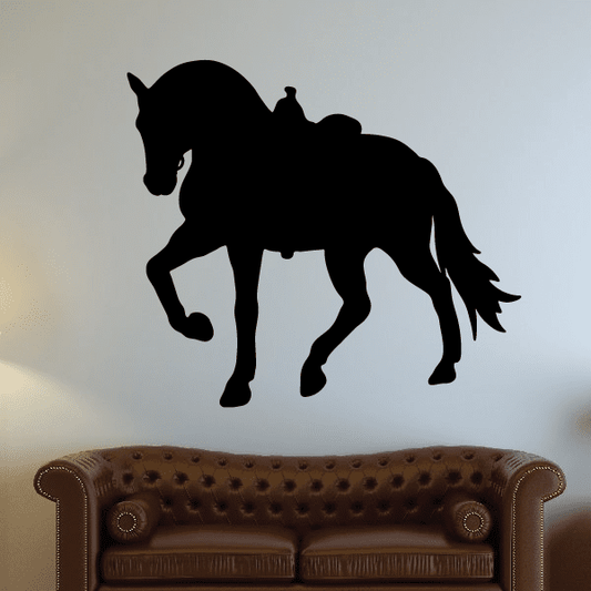 Black marching horse decal with saddle silhouette