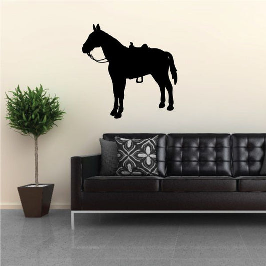 Standing horse wall decal with saddle, black silhouette