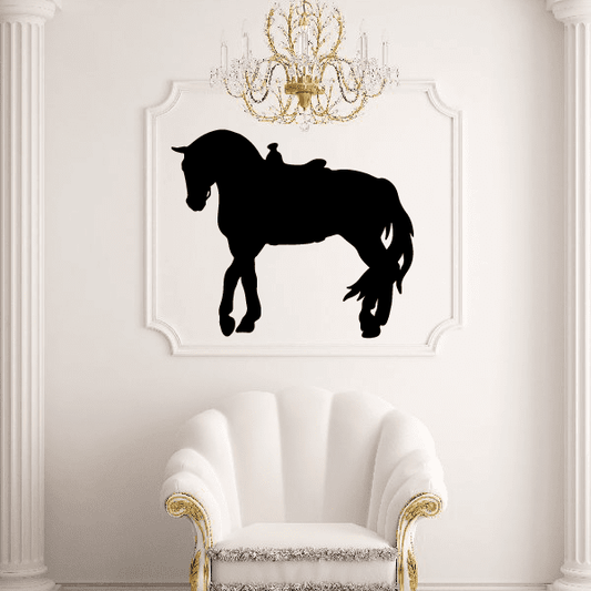 Black standing horse silhouette wall decal, side view with saddle detail