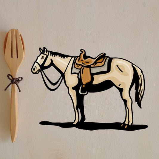 Horse sticker with saddle, cream body and brown tack, black outline, side profile