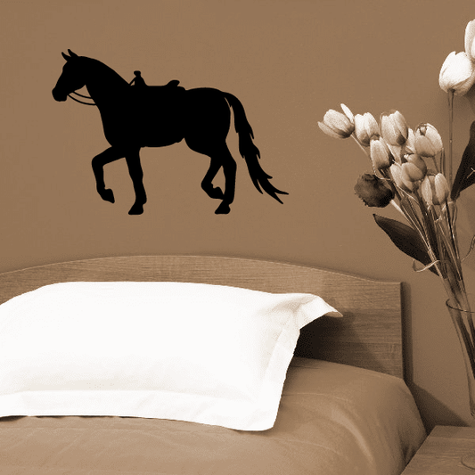 Horse walking decal with saddle, black horse silhouette
