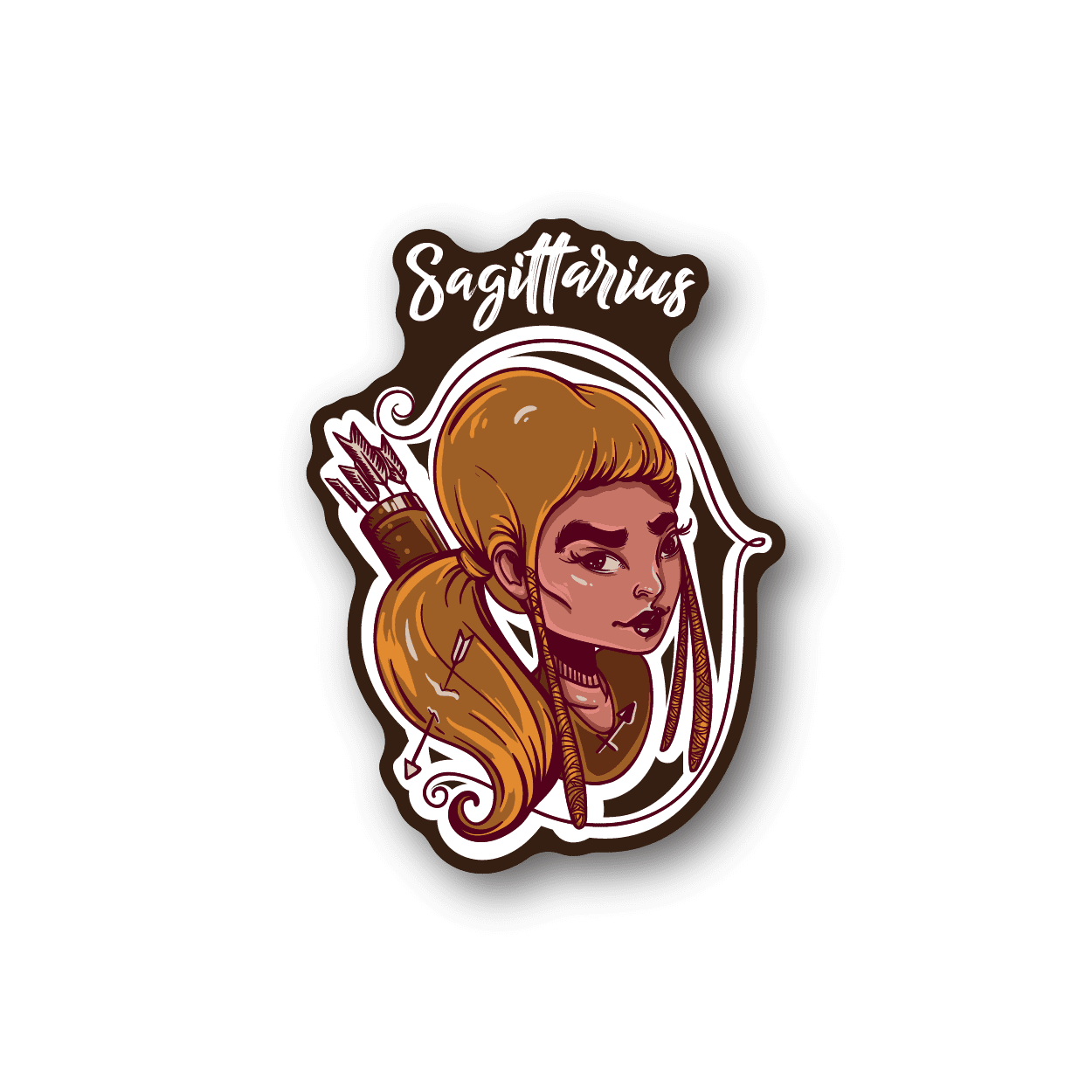 Sagittarius zodiac vinyl sticker with archer woman illustration and Sagittarius lettering