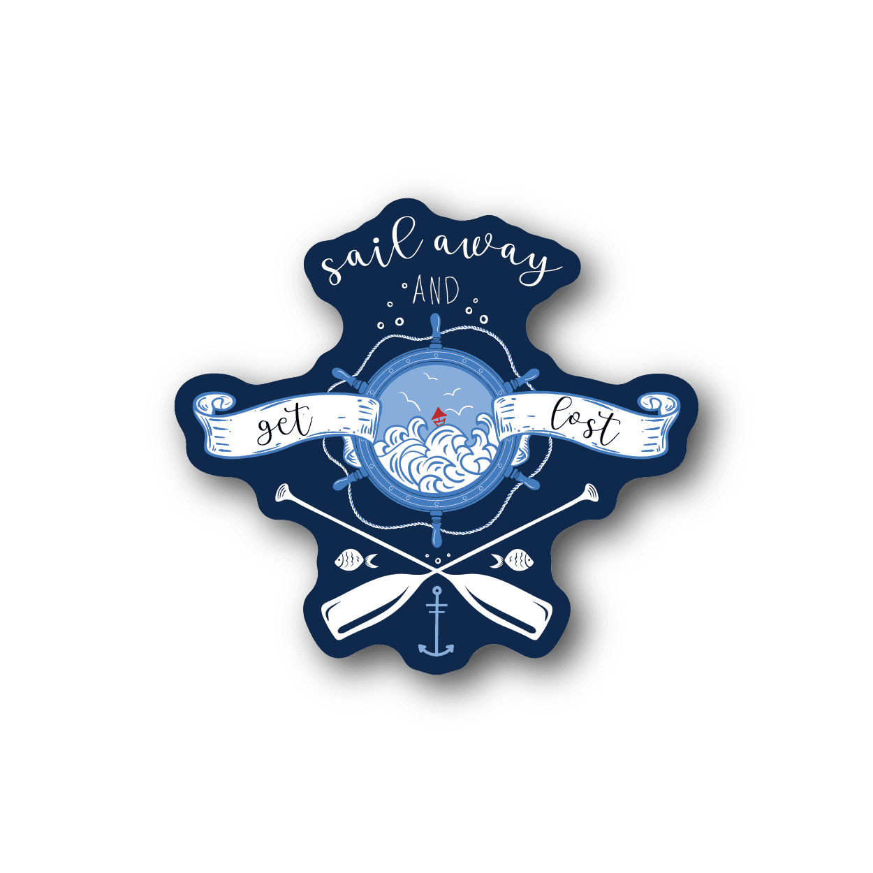 Nautical vinyl sticker with blue typography, compass, waves, crossed anchors