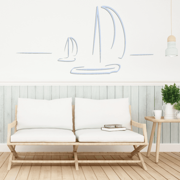 Blue sailboat wall decal vinyl sticker with sails and curved hull lines