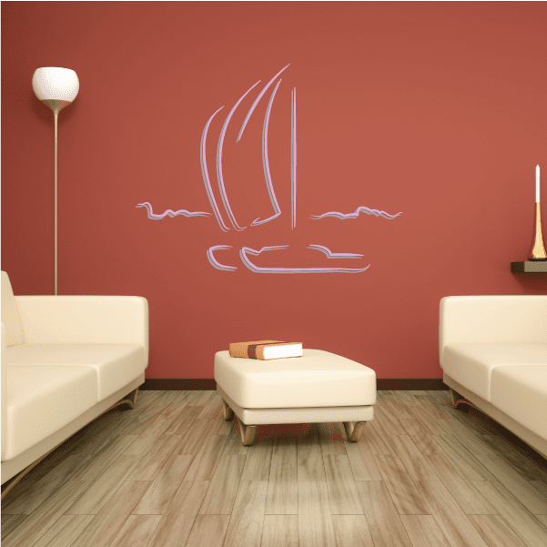 White sailboat wall decal with raised sail and wave lines