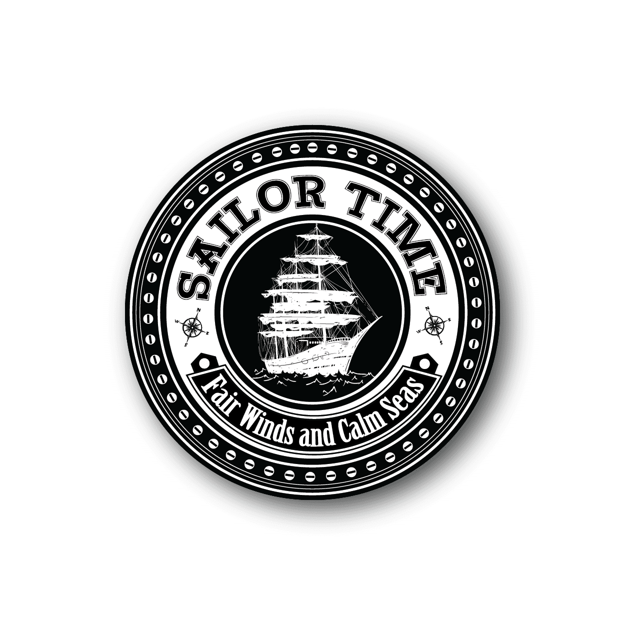 Circular vinyl sticker with sailboat graphic and Sailor Time lettering, black and white