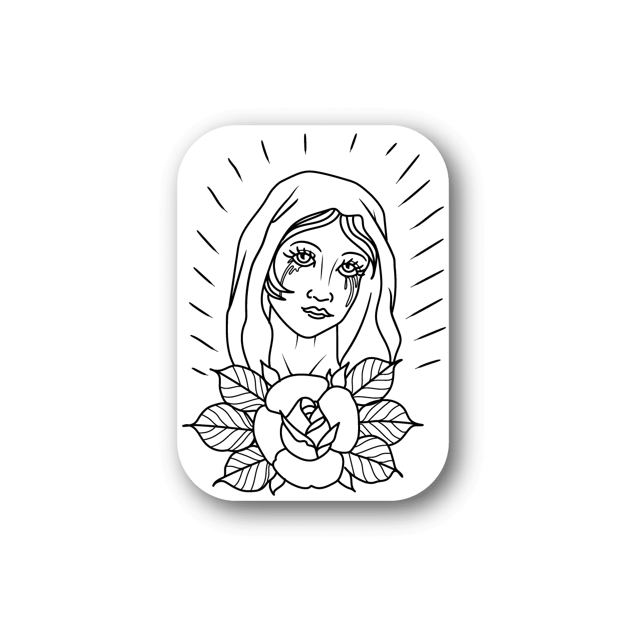 Vinyl sticker with saint portrait line art and flower, rounded rectangle border