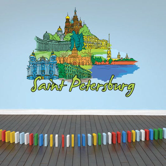 Saint Petersburg sticker with colorful skyline and cursive text design