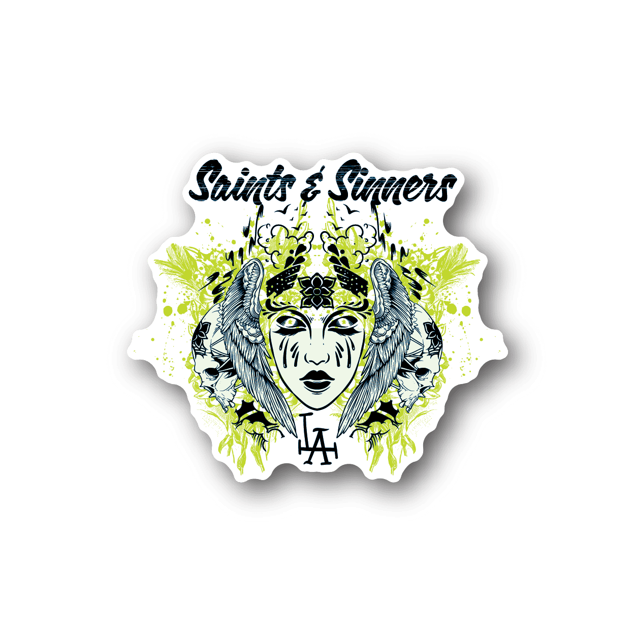 Vinyl sticker with illustrated angel face and devil crown, green and blue ink graphic