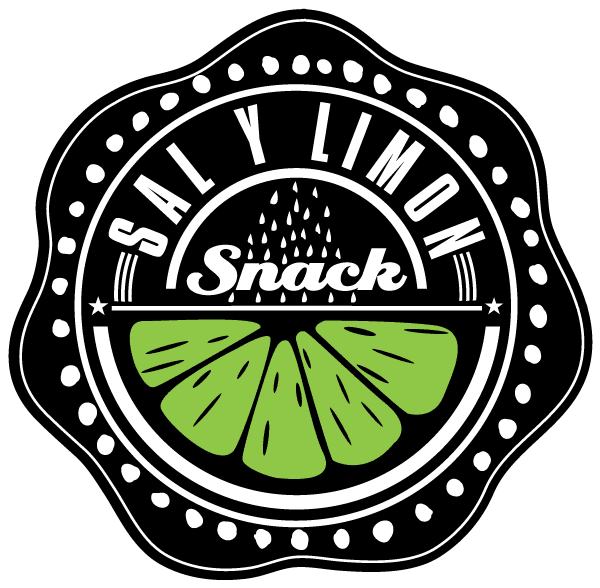 Black circular sticker with green citrus slice and 'Snack' text