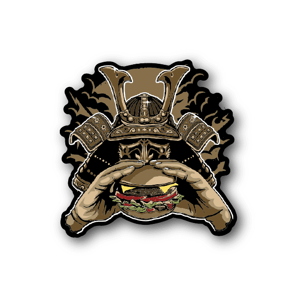Samurai burger vinyl sticker with helmeted warrior holding a burger