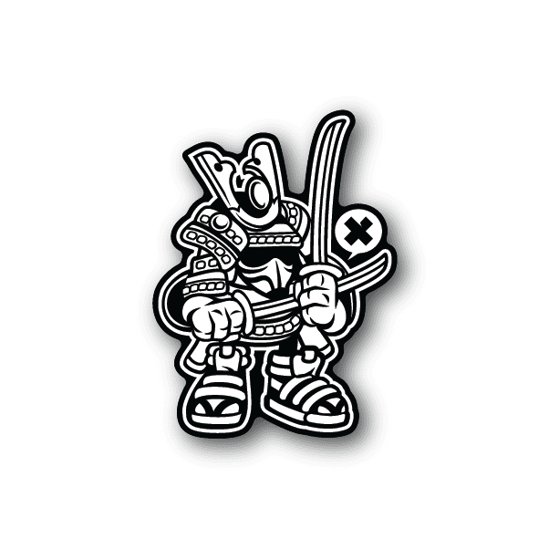Vinyl sticker of a samurai trooper character holding a sword, with bold outline and cross emblem