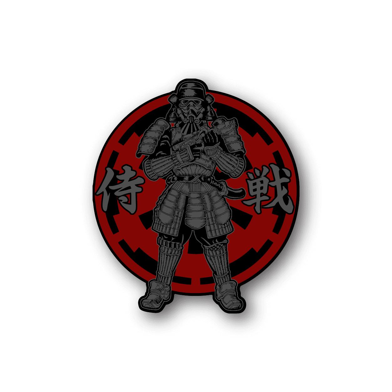 Samurai warrior vinyl sticker with red circular border and black armored figure