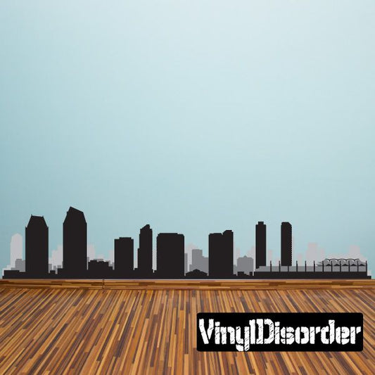 City skyline wall decal, black silhouettes with tall buildings and central tower