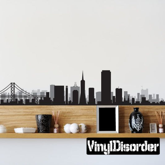 San Francisco skyline sticker with dark city silhouette and bridge