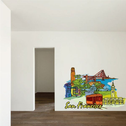San Francisco cityscape sticker with Golden Gate Bridge and colorful buildings