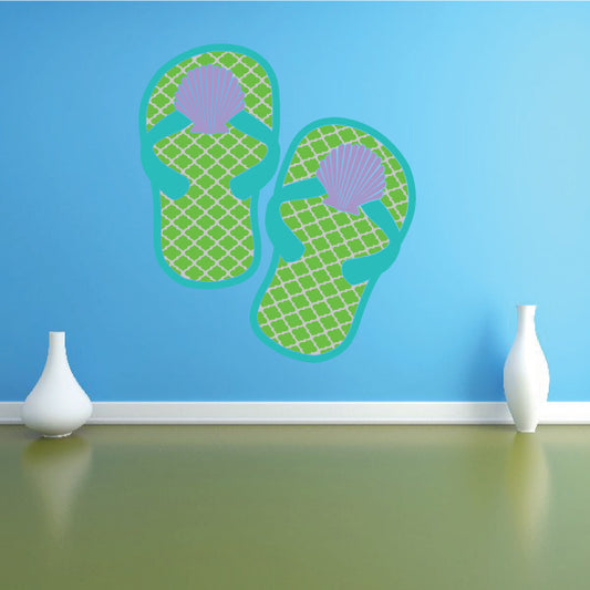 Flip-flop sandal stickers with green grid pattern and purple dot accents