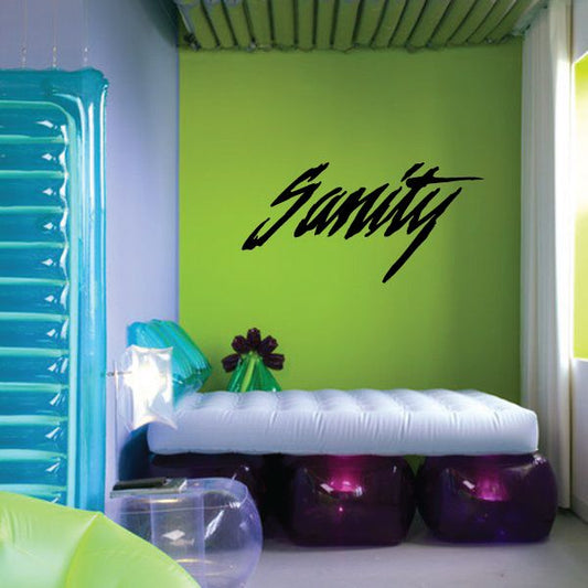 Sanity decal in black script lettering