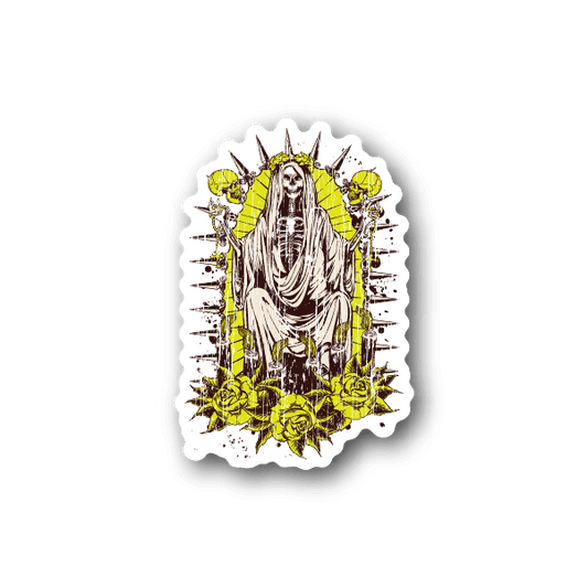 Santa Muerte portrait vinyl sticker with white scalloped border and yellow graphic detail