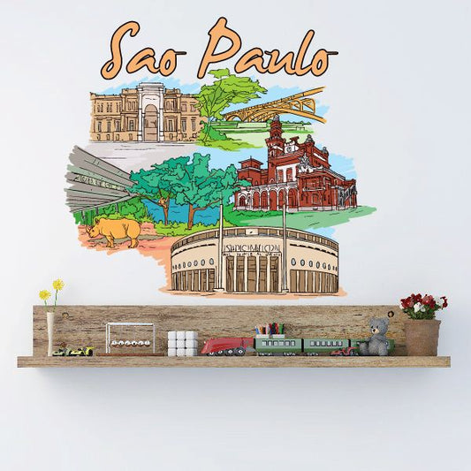Sao Paulo city skyline sticker with colorful buildings, trees, and arched monument