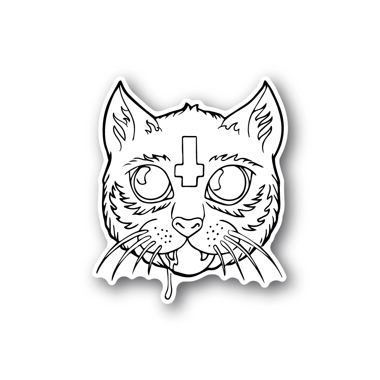 Cat vinyl sticker, white line art face with cross and fangs