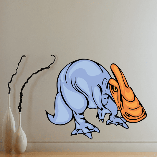 Saurolophus dinosaur sticker, blue body with orange crest and open mouth