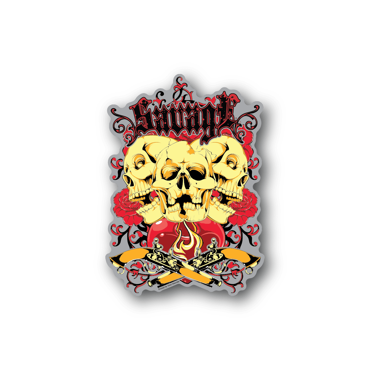 Vinyl sticker with skulls, red flames, and roses around dagger design