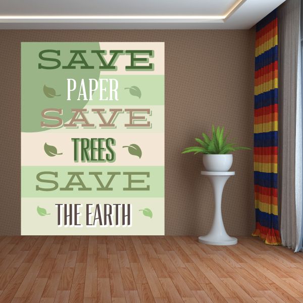 Square eco message sticker with green 'Save Paper, Save Trees, Save The Earth' text