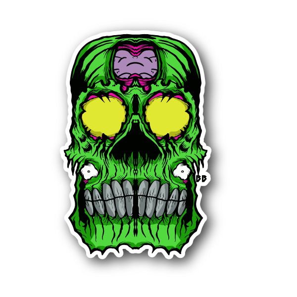 Green skull vinyl sticker with yellow glowing eyes and snarling mouth, sticker cutout