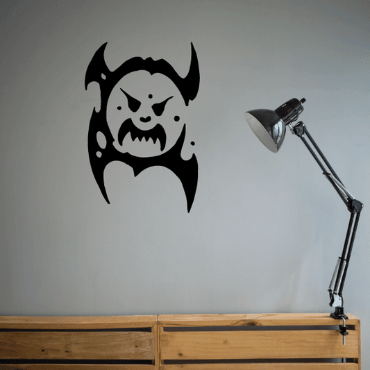 Scary moon wall decal with black horned crescent and centered animal face