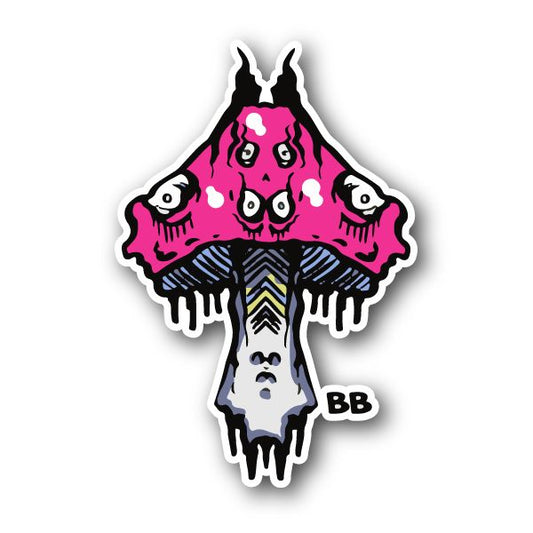 Scary mushroom vinyl sticker with pink cap, big eyes, and black legs