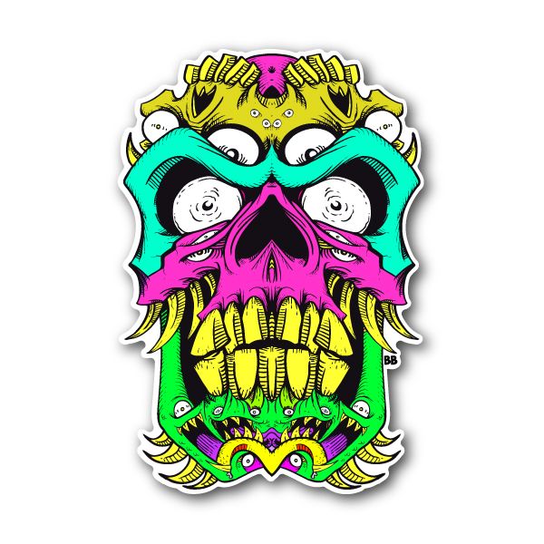 Scary skull vinyl sticker with neon teal, purple, yellow, and green face