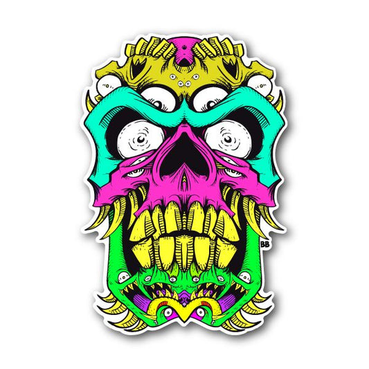 Scary skull vinyl sticker with neon teal, purple, yellow, and green face