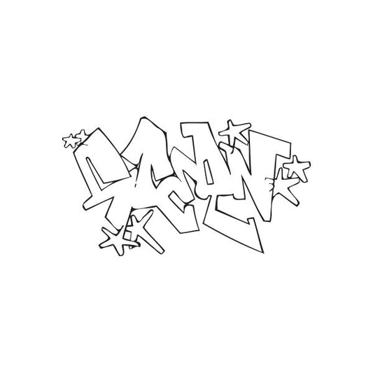 Graffiti-style decal with dark outlined tags and scribbles, vinyl wall sticker
