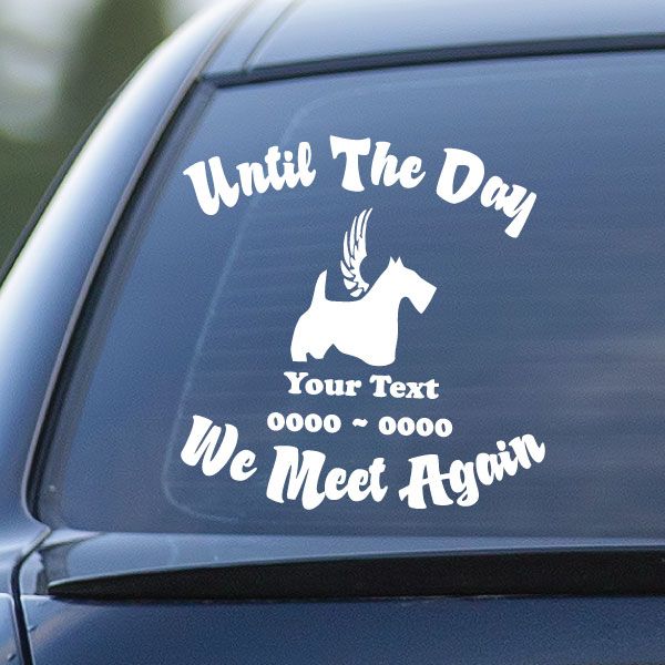 Memorial vehicle decal of a winged dog with quote text and placeholders