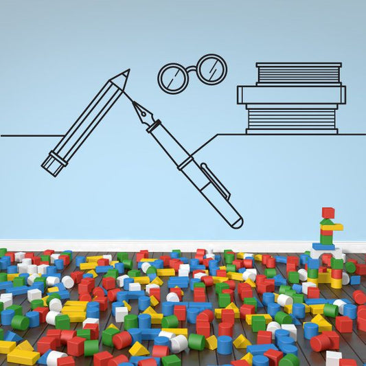School decal with pencils, clock, books and building blocks