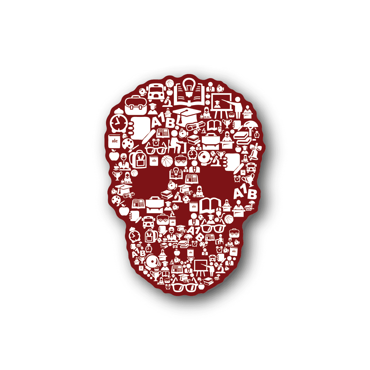 School skeleton collage vinyl sticker, red with white skeleton icons
