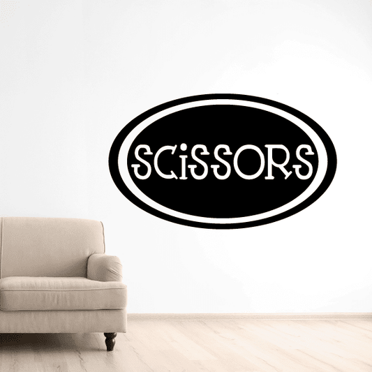 Oval scissors decal with black background, white border, and stylized "Scissors" lettering