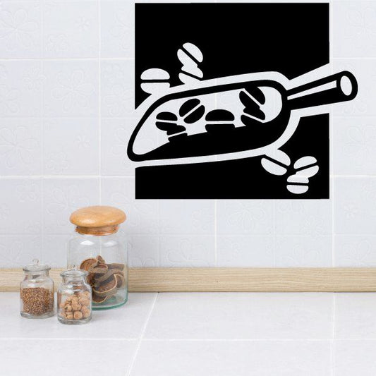 Coffee beans scoop wall decal, white line art on black background