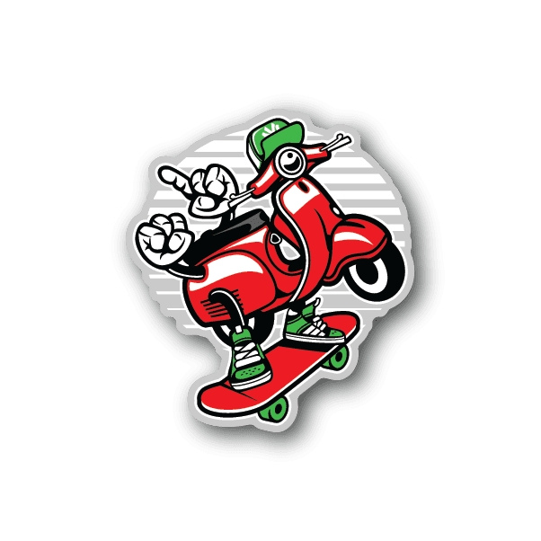 Vinyl scooter skateboard sticker of red rider with roller skates and green wheels