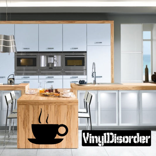 Coffee cup decal with hot steam icon in black