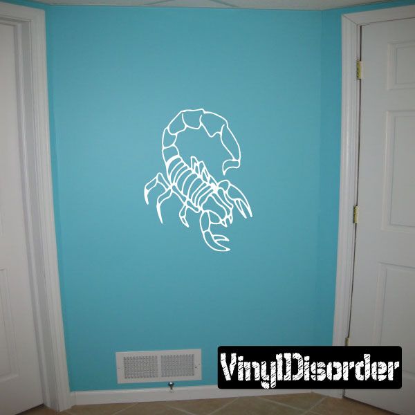 Scorpion outline style wall decal, white scorpion design on blue background